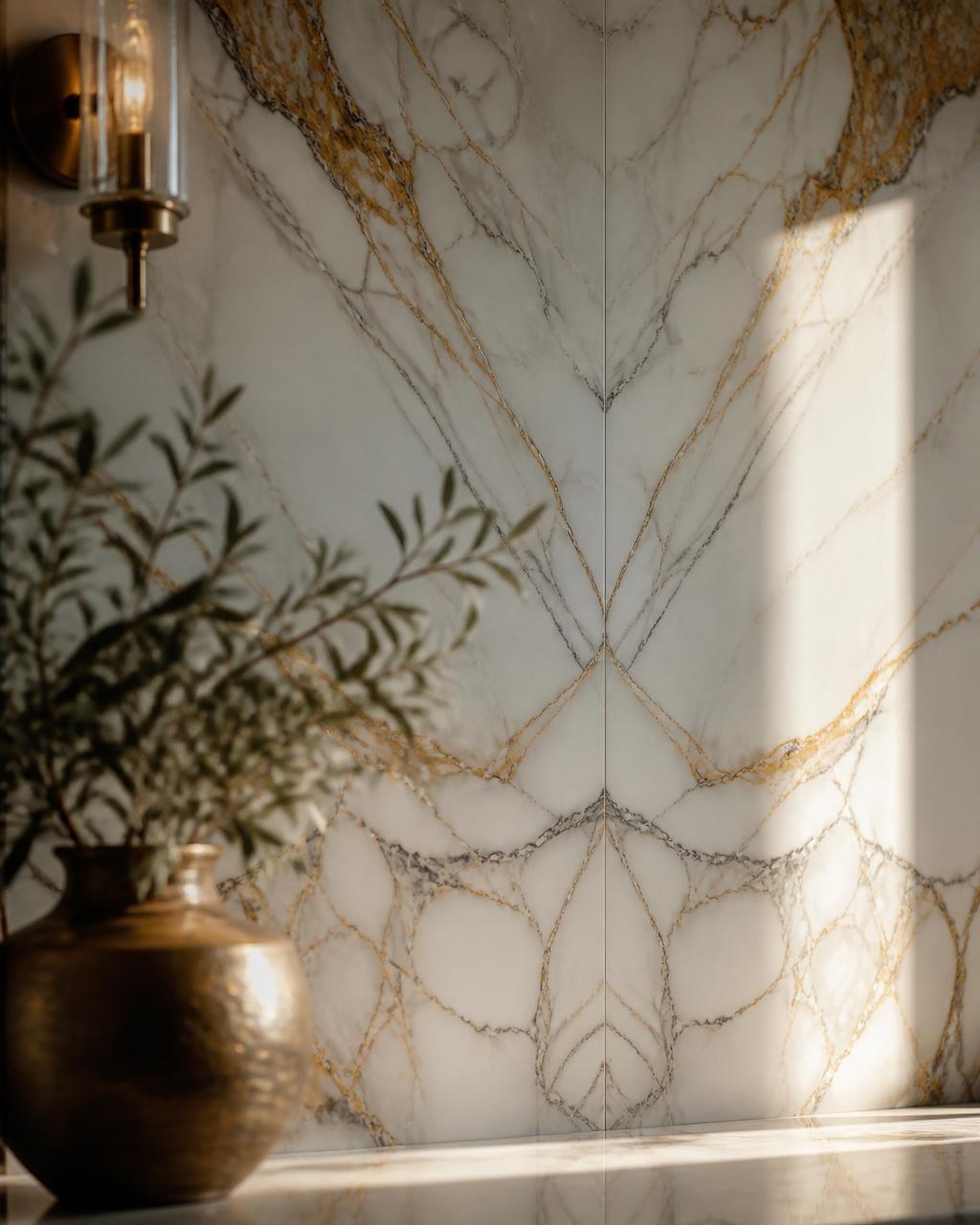 Close-up of white marble-look porcelain backsplash tile with delicate grey veining